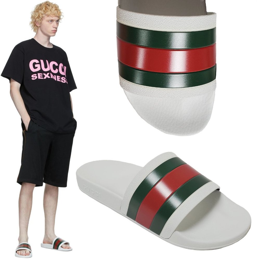 GUCCI SHOES MENS PURSUIT WHITE RUBBER SLIDE SANDAL w WEB DETAIL sz 9G 9.5 US